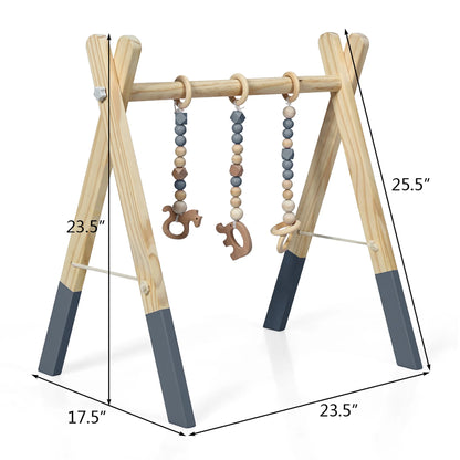 Foldable Wooden Baby Gym with 3 Wooden Teething Toys Hanging Bar Gray