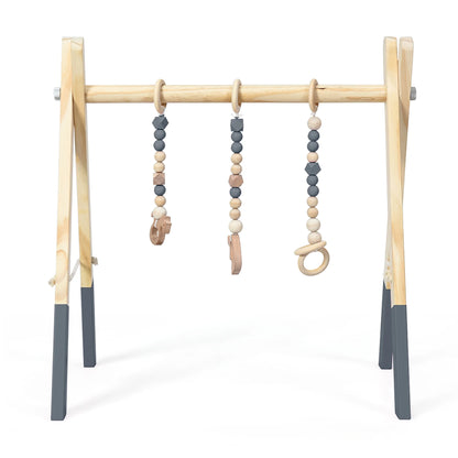 Foldable Wooden Baby Gym with 3 Wooden Teething Toys Hanging Bar Gray