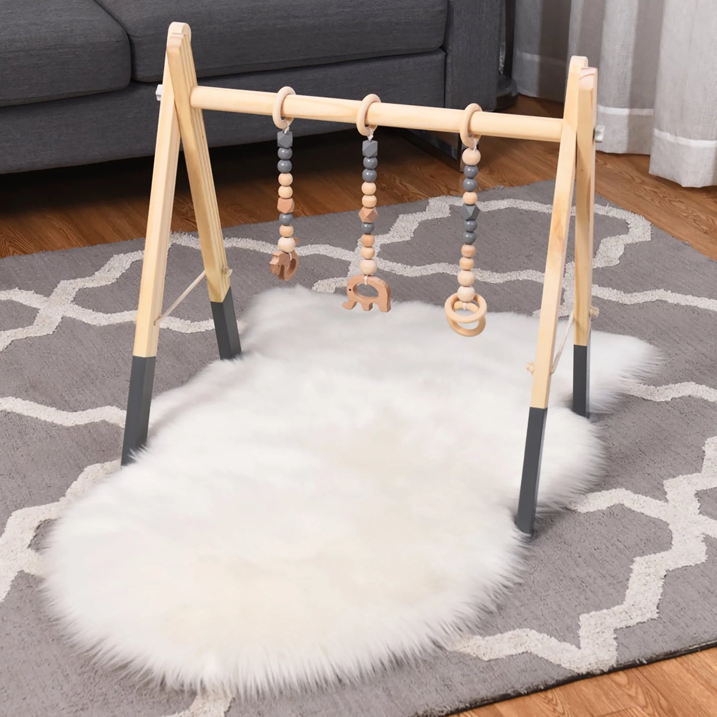 Foldable Wooden Baby Gym with 3 Wooden Teething Toys Hanging Bar Gray