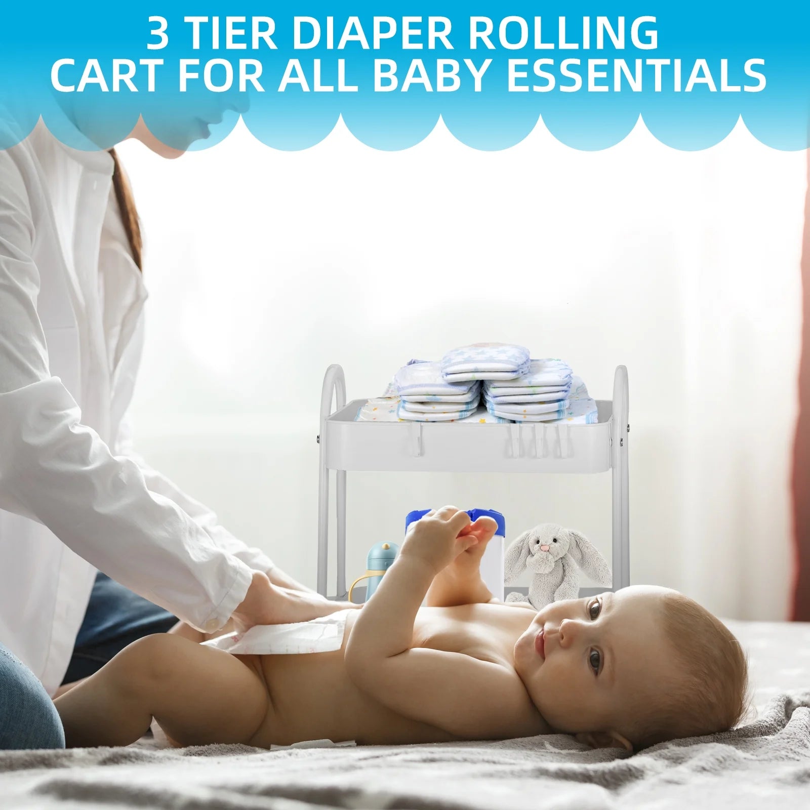 Baby Diaper Caddy Cart Metal Nursery Storage Organizer 3-Tier Rolling Cart Organizer for Diapers and Baby Wipes Newborn Essentials Storage Cart (White)