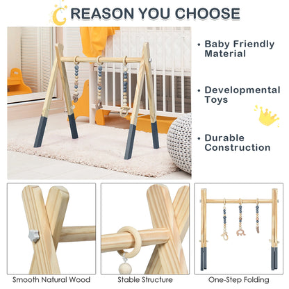 Foldable Wooden Baby Gym with 3 Wooden Teething Toys Hanging Bar Gray