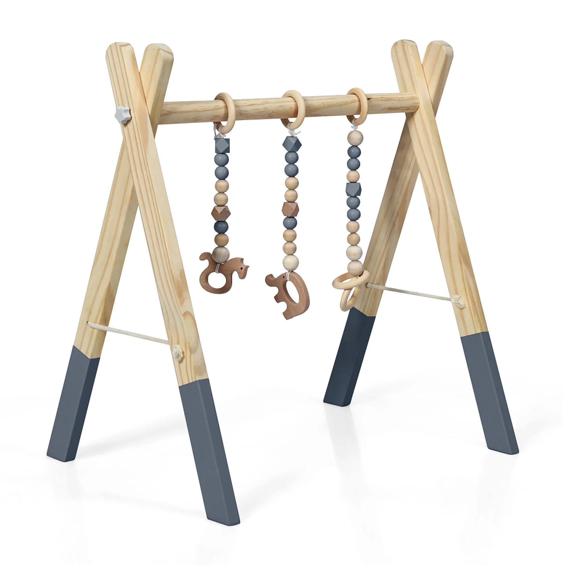 Foldable Wooden Baby Gym with 3 Wooden Teething Toys Hanging Bar Gray