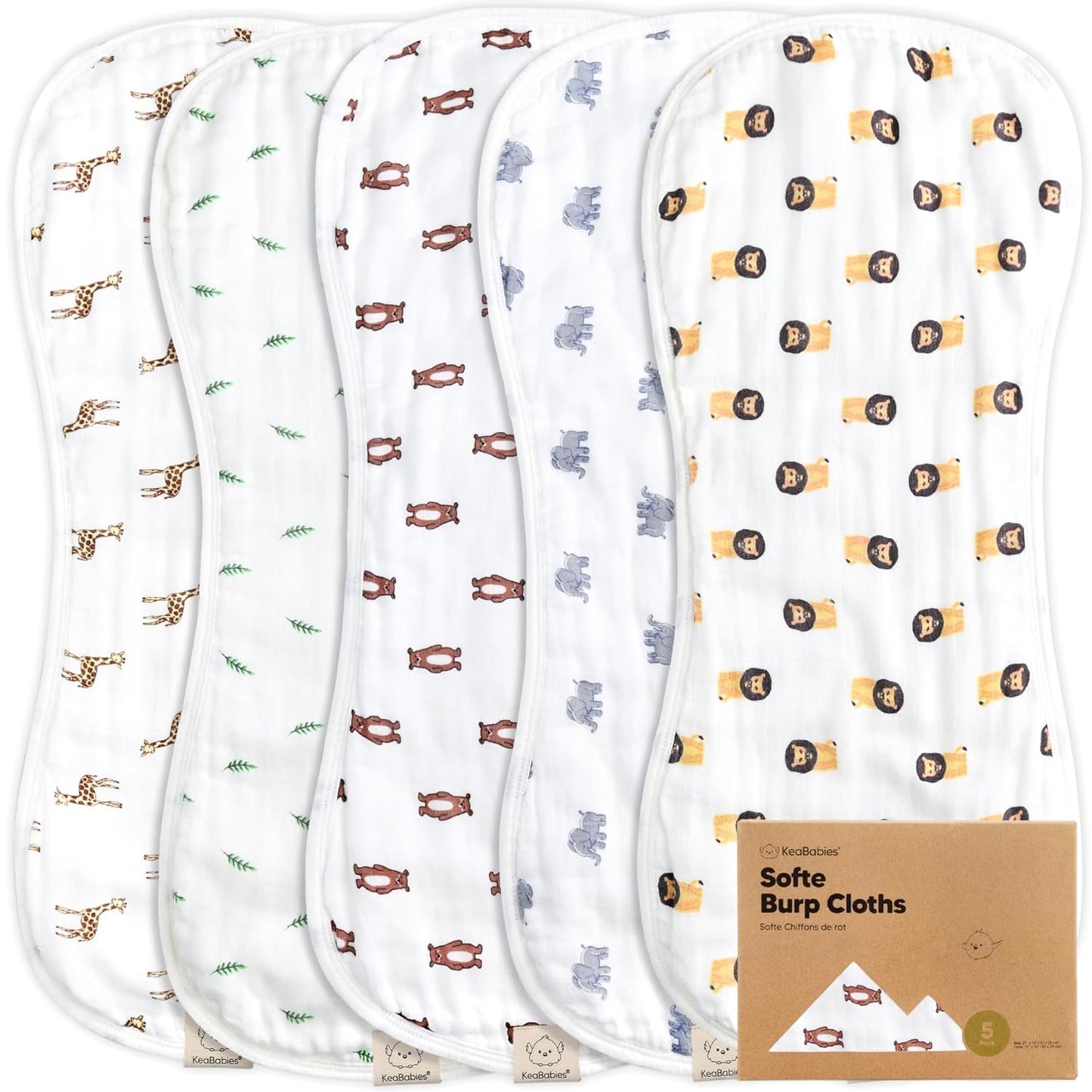 5-Pack Muslin Burp Cloths for Baby Boys and Girls - Super Absorbent Baby Burp Cloth, Viscose Derived from Bamboo Cotton Baby Washcloths, Burp Rags, Large Neutral Burp Clothes for Newborn(The Wild)