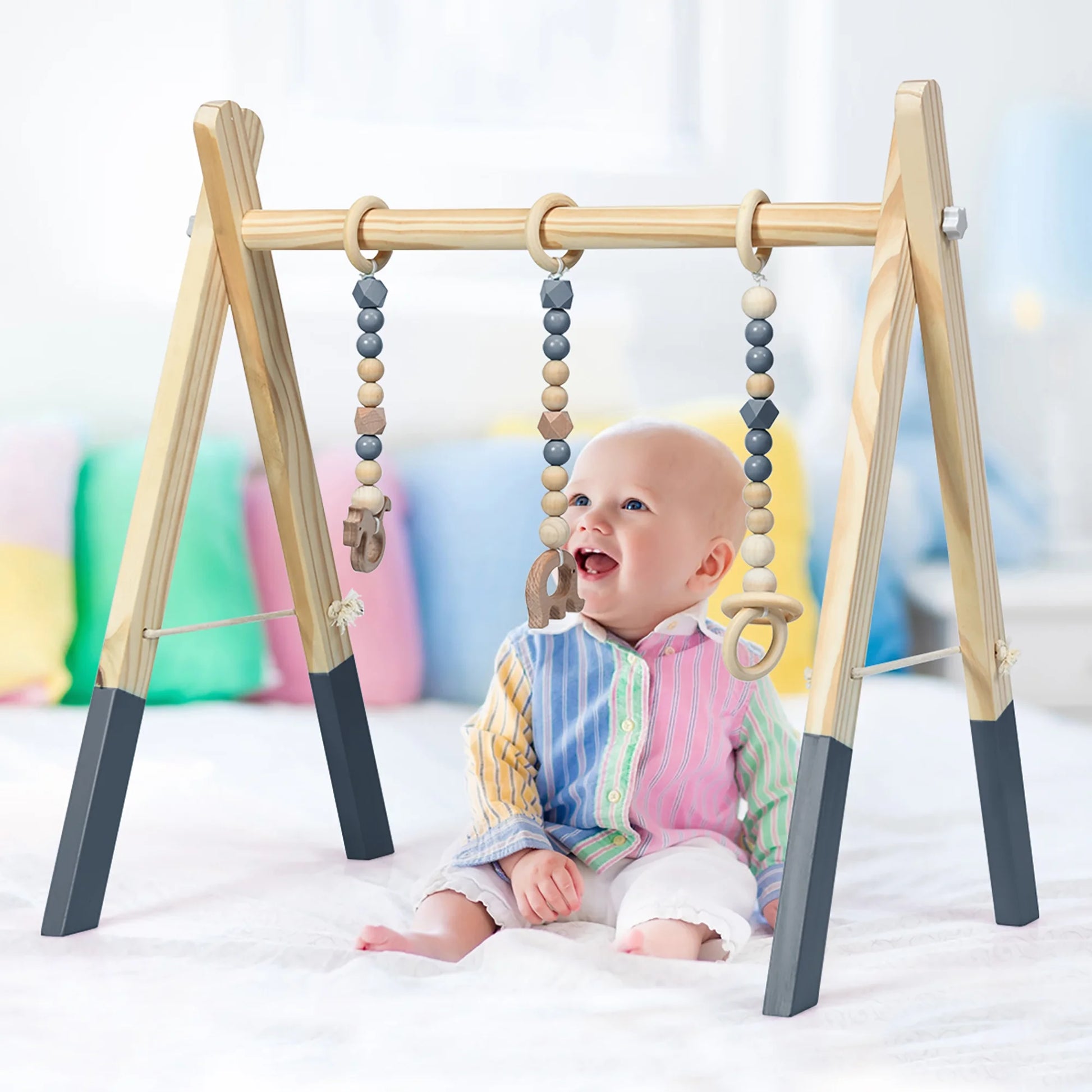 Foldable Wooden Baby Gym with 3 Wooden Teething Toys Hanging Bar Gray