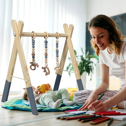 Foldable Wooden Baby Gym with 3 Wooden Teething Toys Hanging Bar Gray